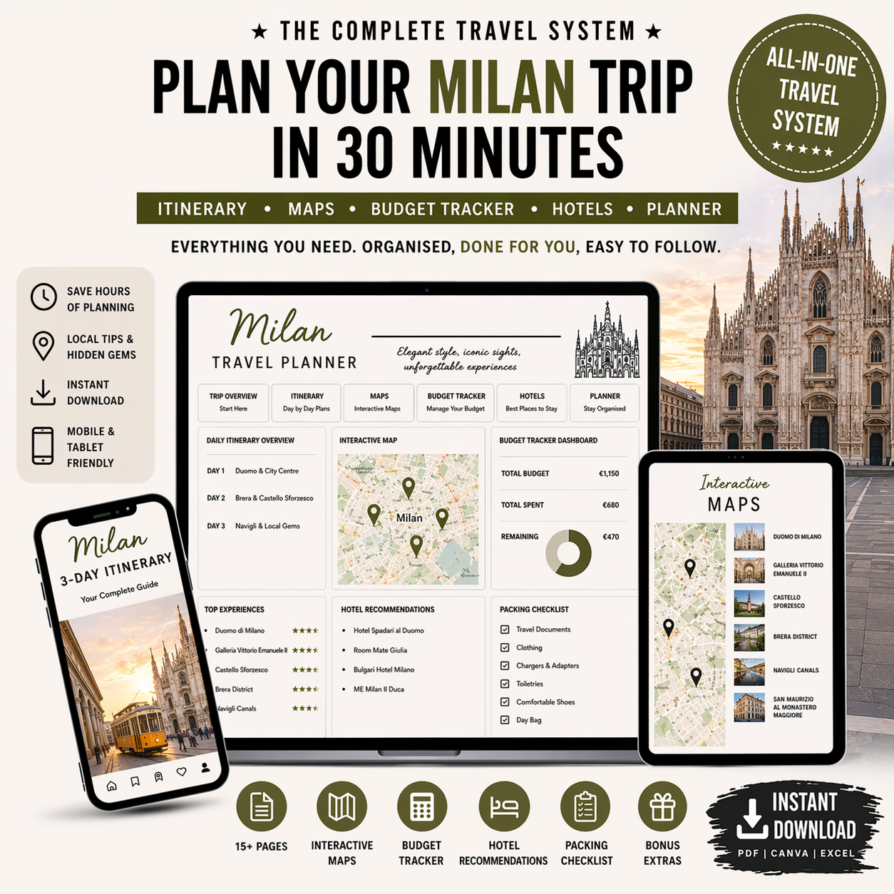 Milan Travel System Complete Trip Planner with Itinerary, Maps and Budget Guide