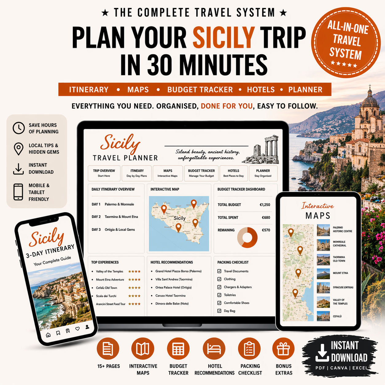 Sicily Travel System Complete Trip Planner with Itinerary, Maps and Budget Guide