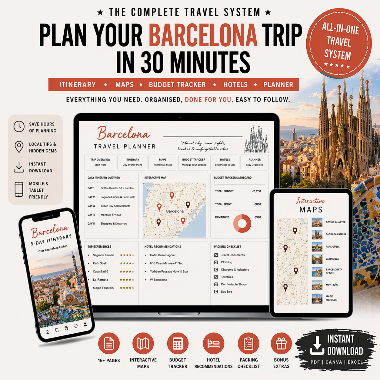 Barcelona Travel System Complete Trip Planner with Itinerary, Maps and Budget Guide