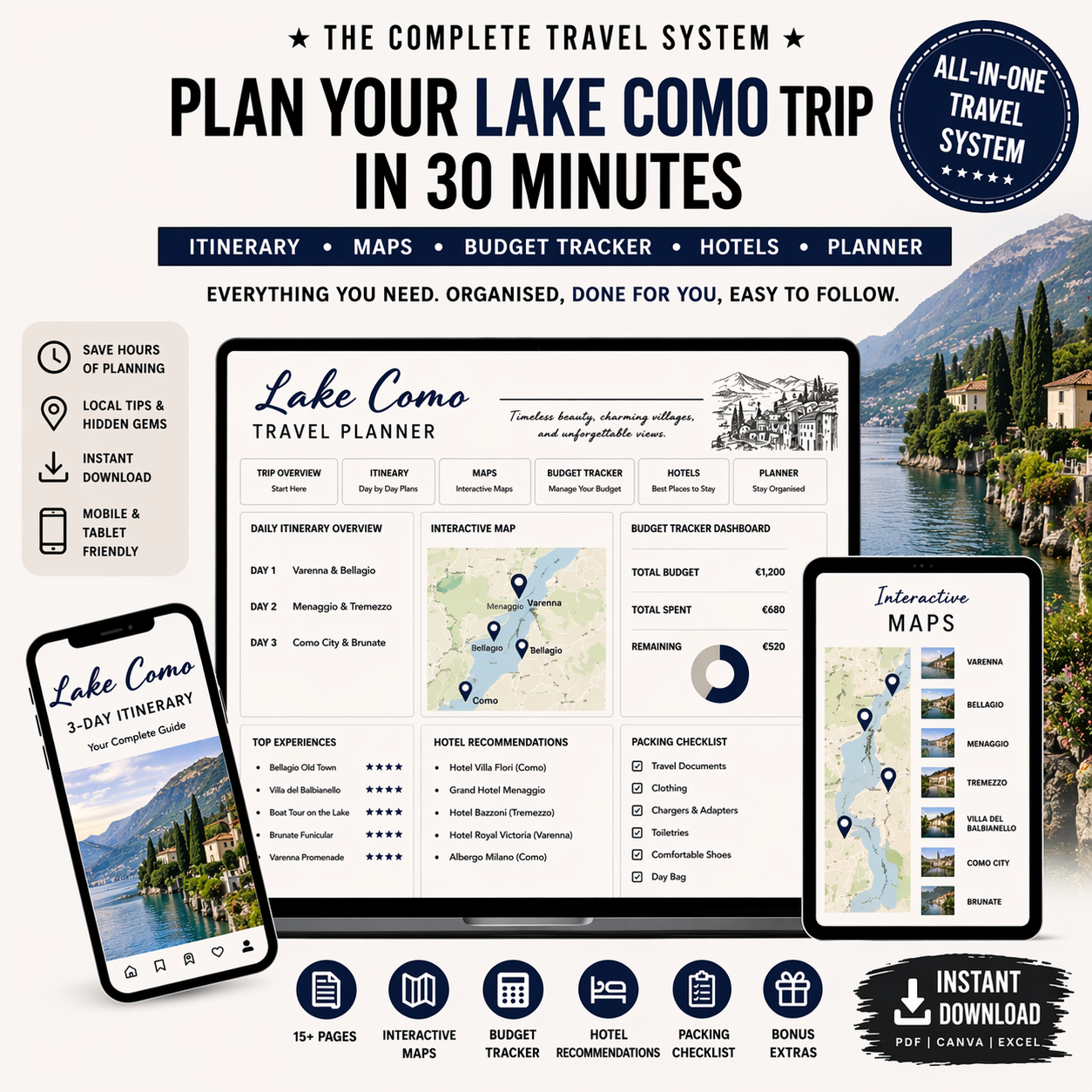 Lake Como Travel System Complete Trip Planner with Itinerary, Maps and Budget Guide