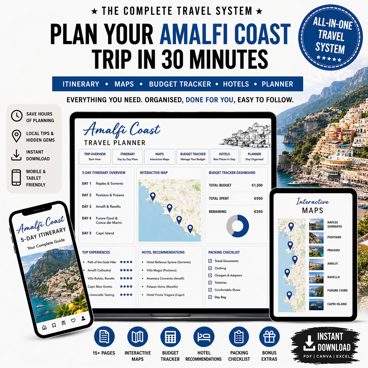 Amalfi Coast Travel System Complete Trip Planner with Itinerary, Maps and Budget Guide