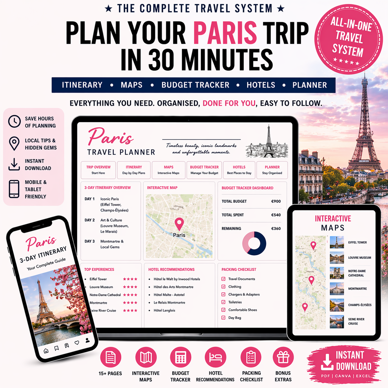 Paris Travel System Complete Trip Planner with Itinerary, Maps and Budget Guide