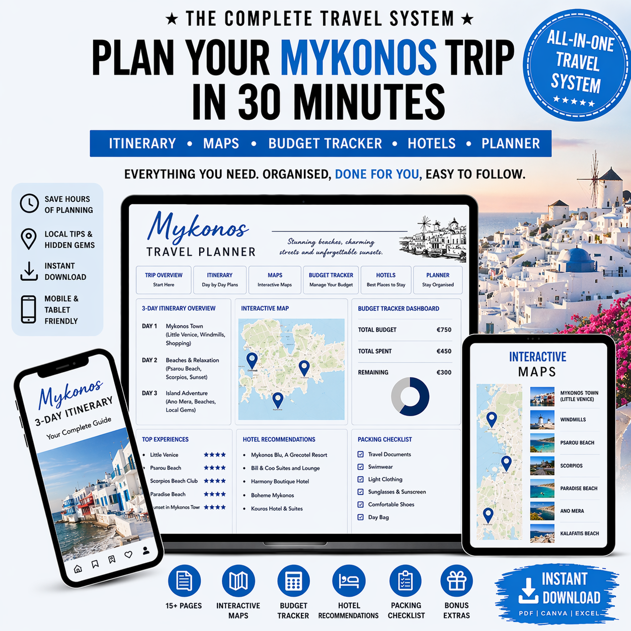 Mykonos Travel System Complete Trip Planner with Itinerary, Maps and Budget Guide